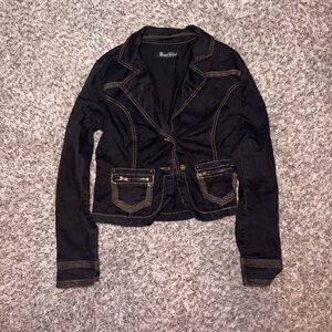 Gothic Black Women's Tailored Jacket with Contrast Gold Stitching